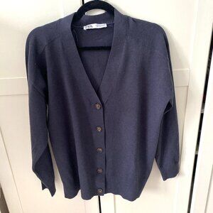 Zara Navy Button-Front V-Neck Knit Cardigan Classic Minimal Size Medium